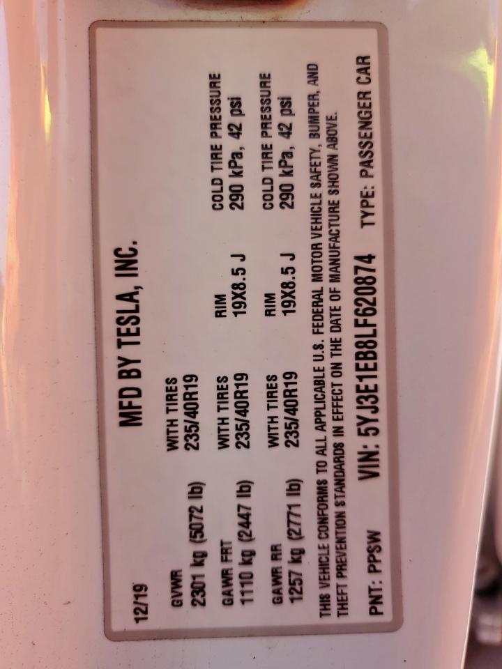2020 Tesla Model 3 VIN: 5YJ3E1EB8LF620874 Lot: 63747345