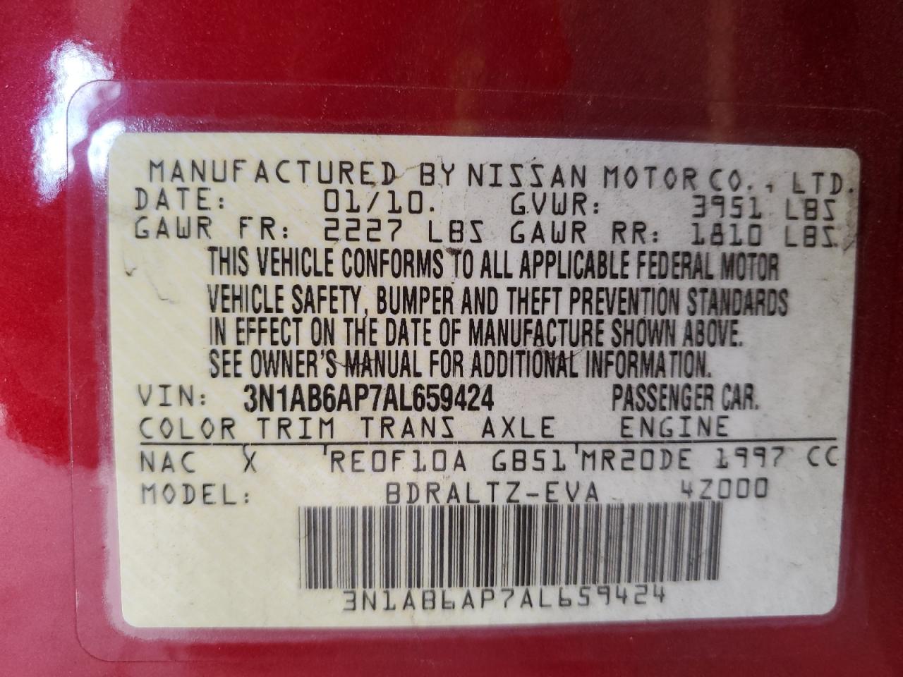 2010 Nissan Sentra 2.0 VIN: 3N1AB6AP7AL659424 Lot: 63655895