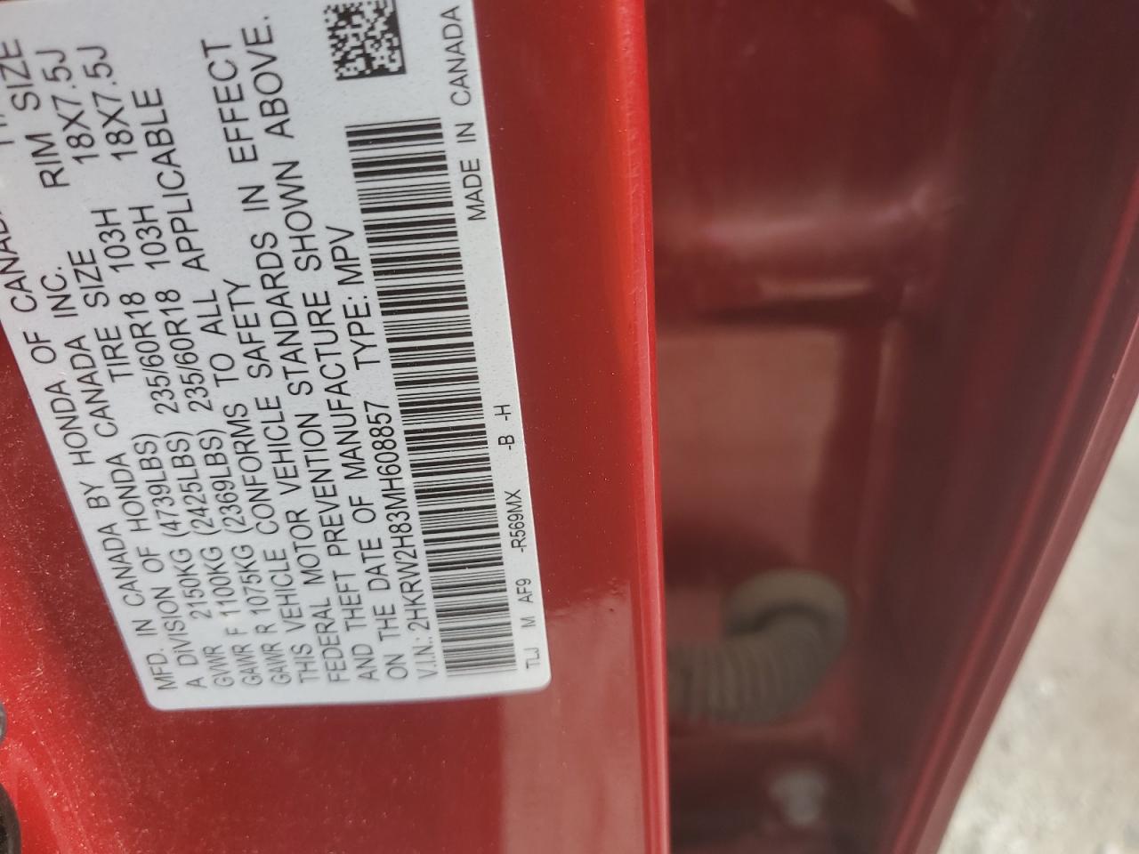 2021 Honda Cr-V Exl VIN: 2HKRW2H83MH608857 Lot: 64798855