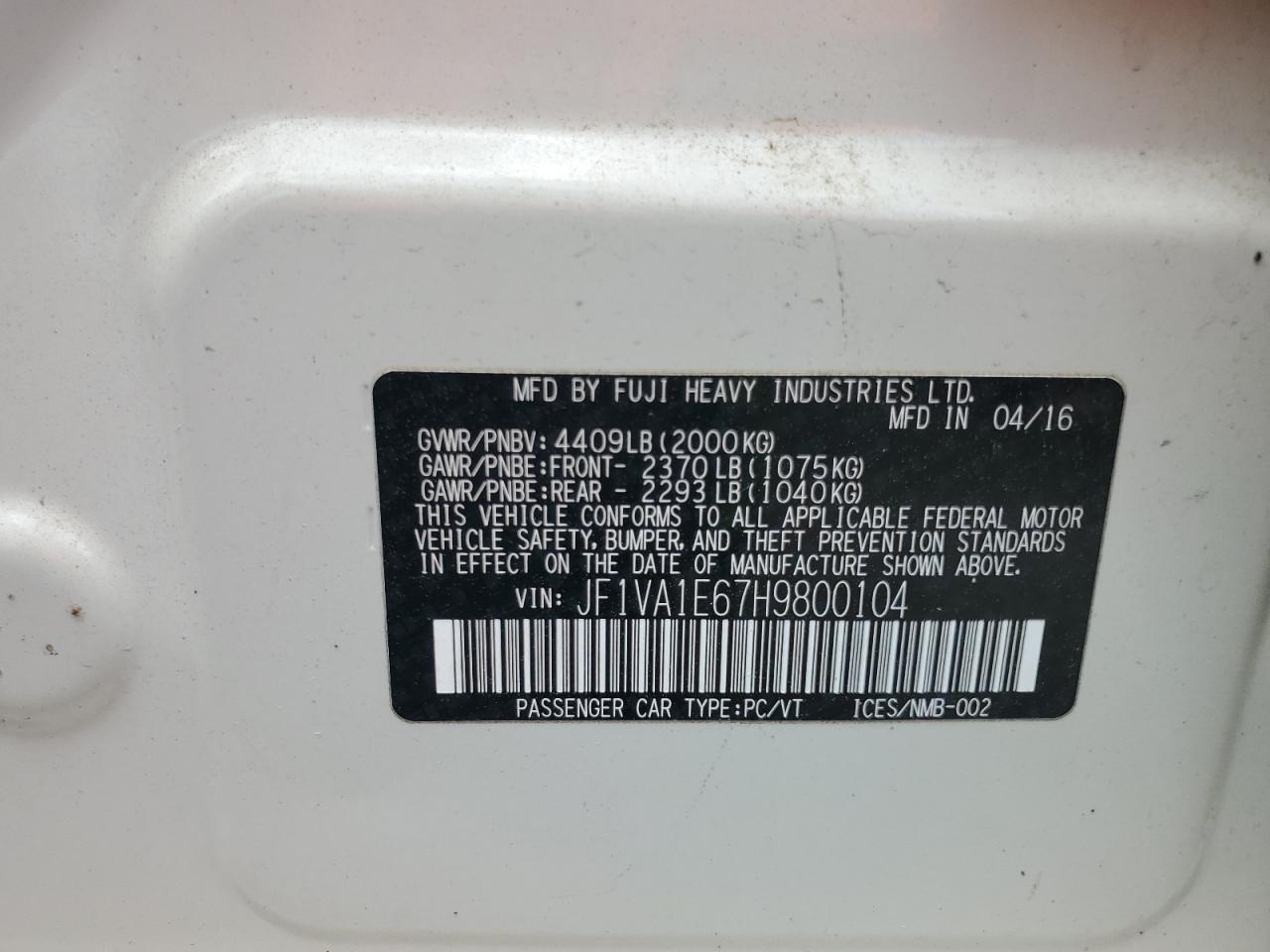 2017 Subaru Wrx Premium VIN: JF1VA1E67H9800104 Lot: 64164245