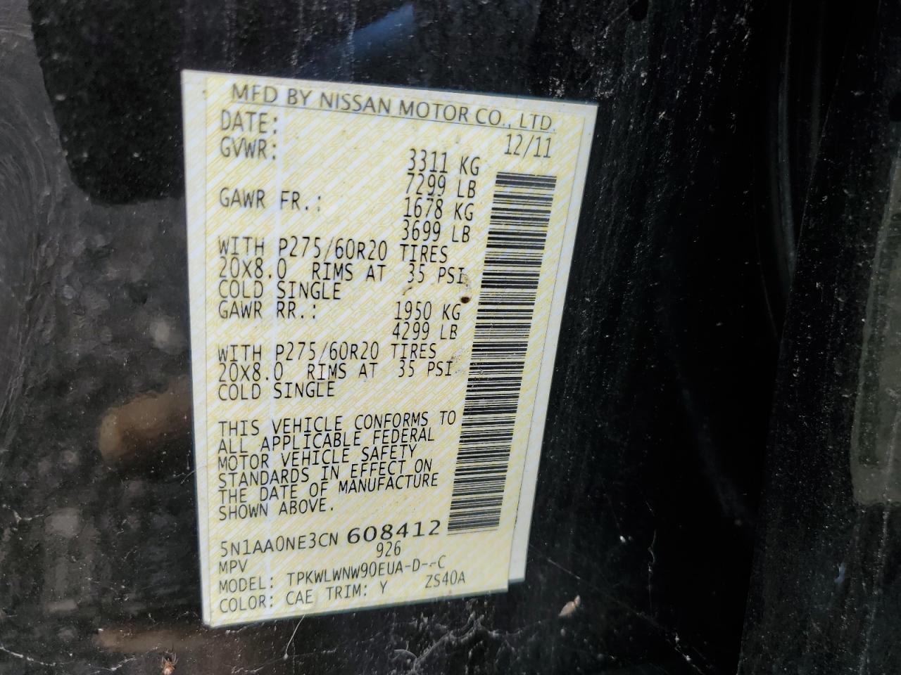 2012 Nissan Armada Sv VIN: 5N1AA0NE3CN608412 Lot: 64465995