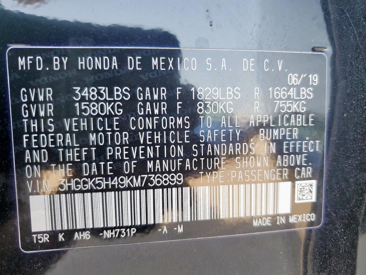 2019 Honda Fit Lx VIN: 3HGGK5H49KM736899 Lot: 63804905