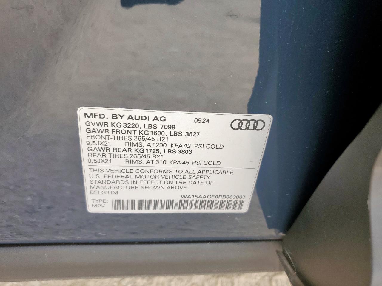 2024 Audi Q8 E-Tron Premium Plus VIN: WA15AAGE0RB063007 Lot: 63506135
