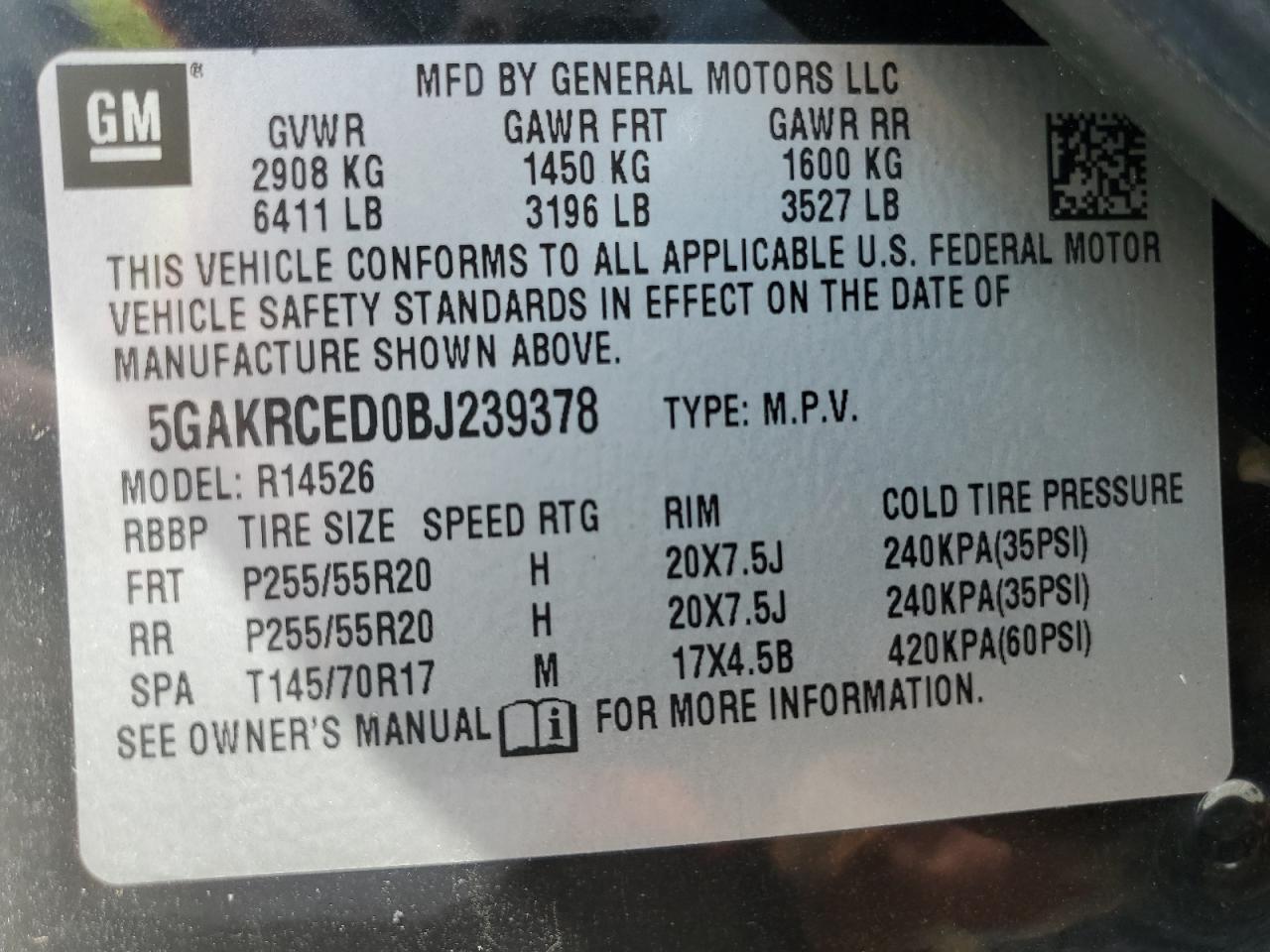 2011 Buick Enclave Cxl VIN: 5GAKRCED0BJ239378 Lot: 64762125