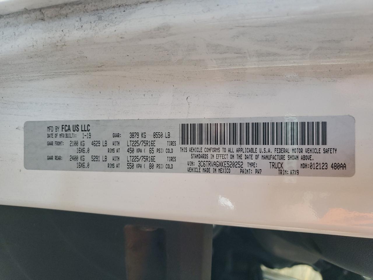 2019 Ram Promaster 1500 1500 Standard VIN: 3C6TRVAGXKE520252 Lot: 64351465