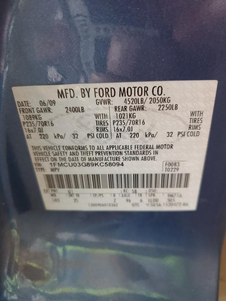 2009 Ford Escape Xlt VIN: 1FMCU03G89KC58094 Lot: 64397685