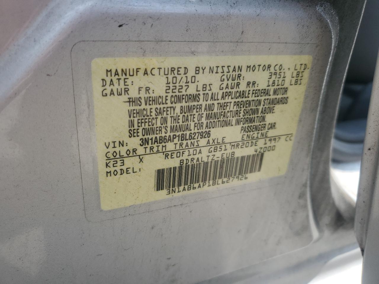 2011 Nissan Sentra 2.0 VIN: 3N1AB6AP1BL627926 Lot: 66044685