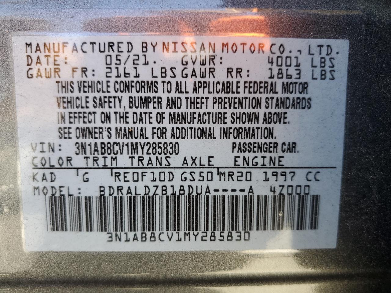 2021 Nissan Sentra Sv VIN: 3N1AB8CV1MY285830 Lot: 65469025