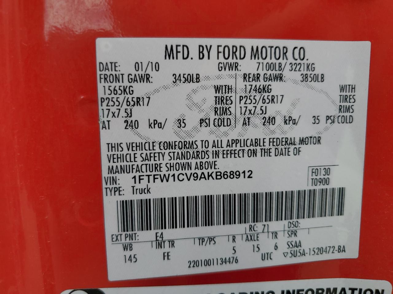 2010 Ford F150 Supercrew VIN: 1FTFW1CV9AKB68912 Lot: 64316575