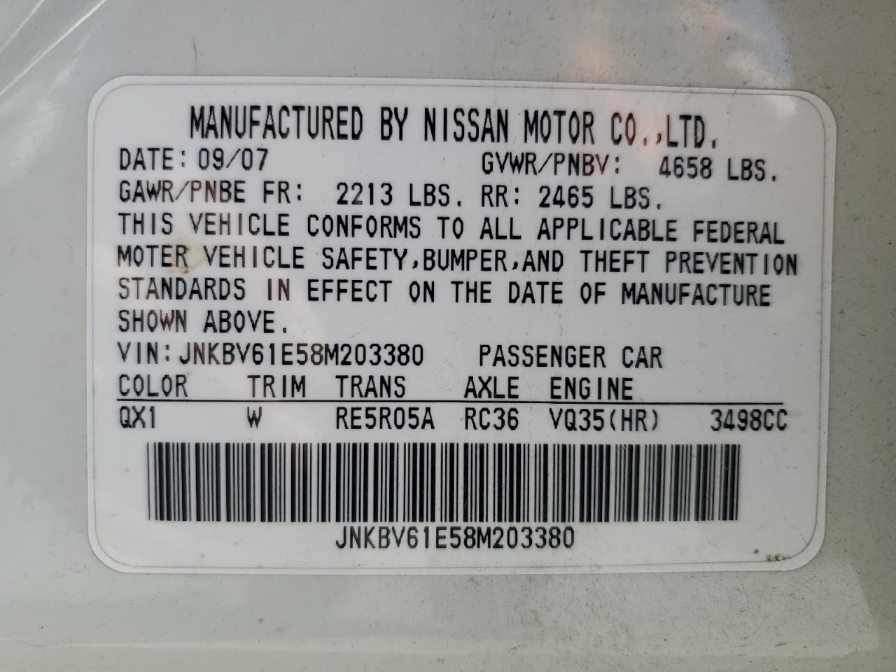 2008 Infiniti G35 VIN: JNKBV61E58M203380 Lot: 63850485