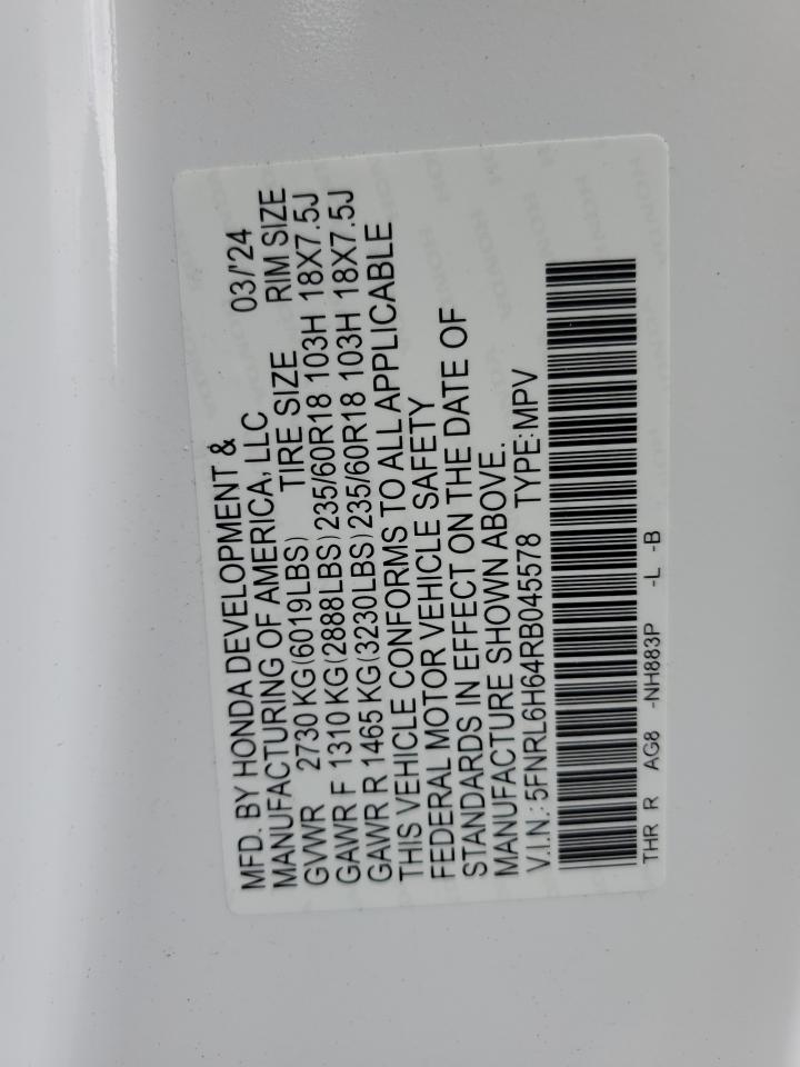 2024 Honda Odyssey Exl VIN: 5FNRL6H64RB045578 Lot: 64486825