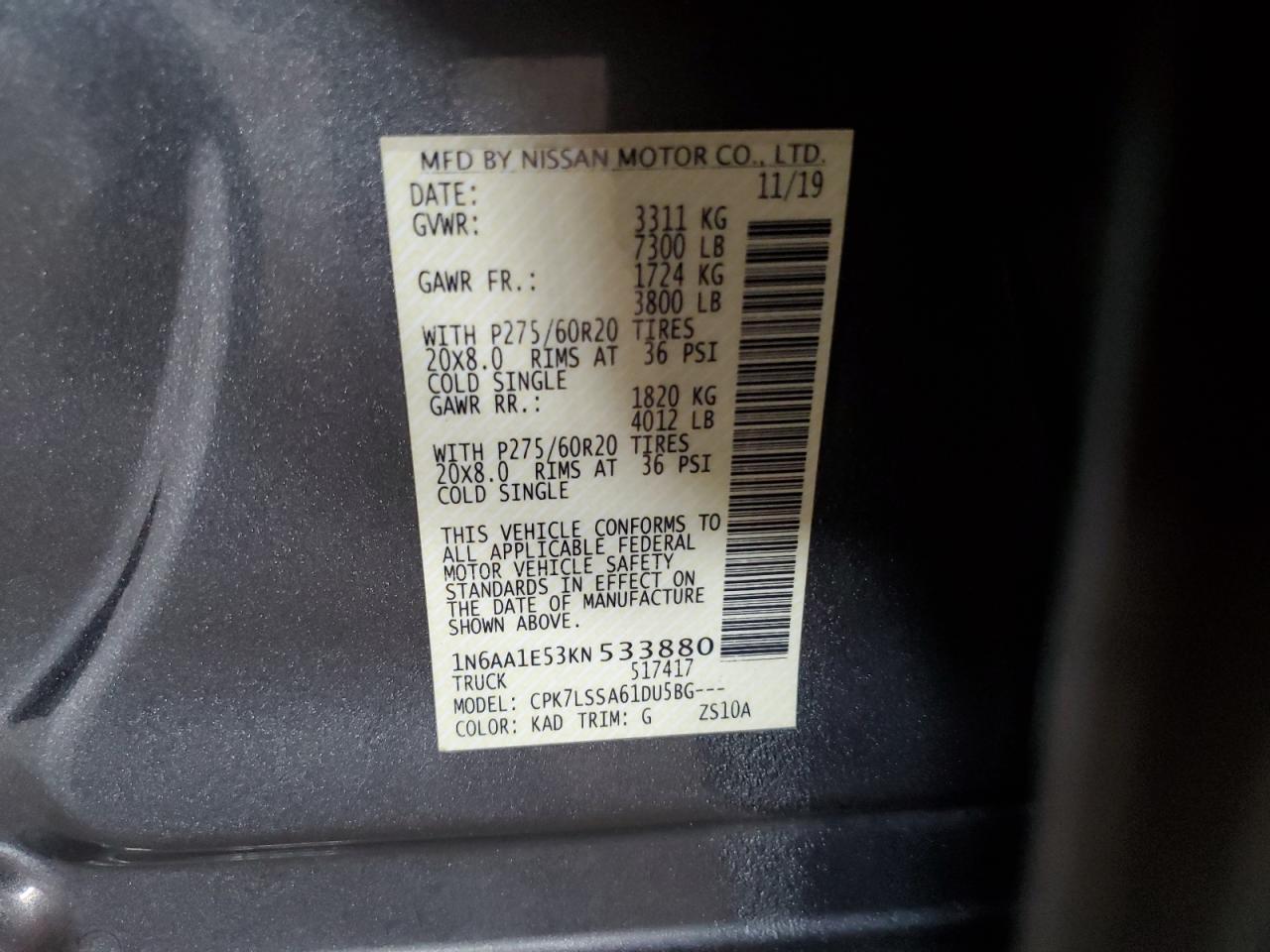 2019 Nissan Titan Sv VIN: 1N6AA1E53KN533880 Lot: 64282145