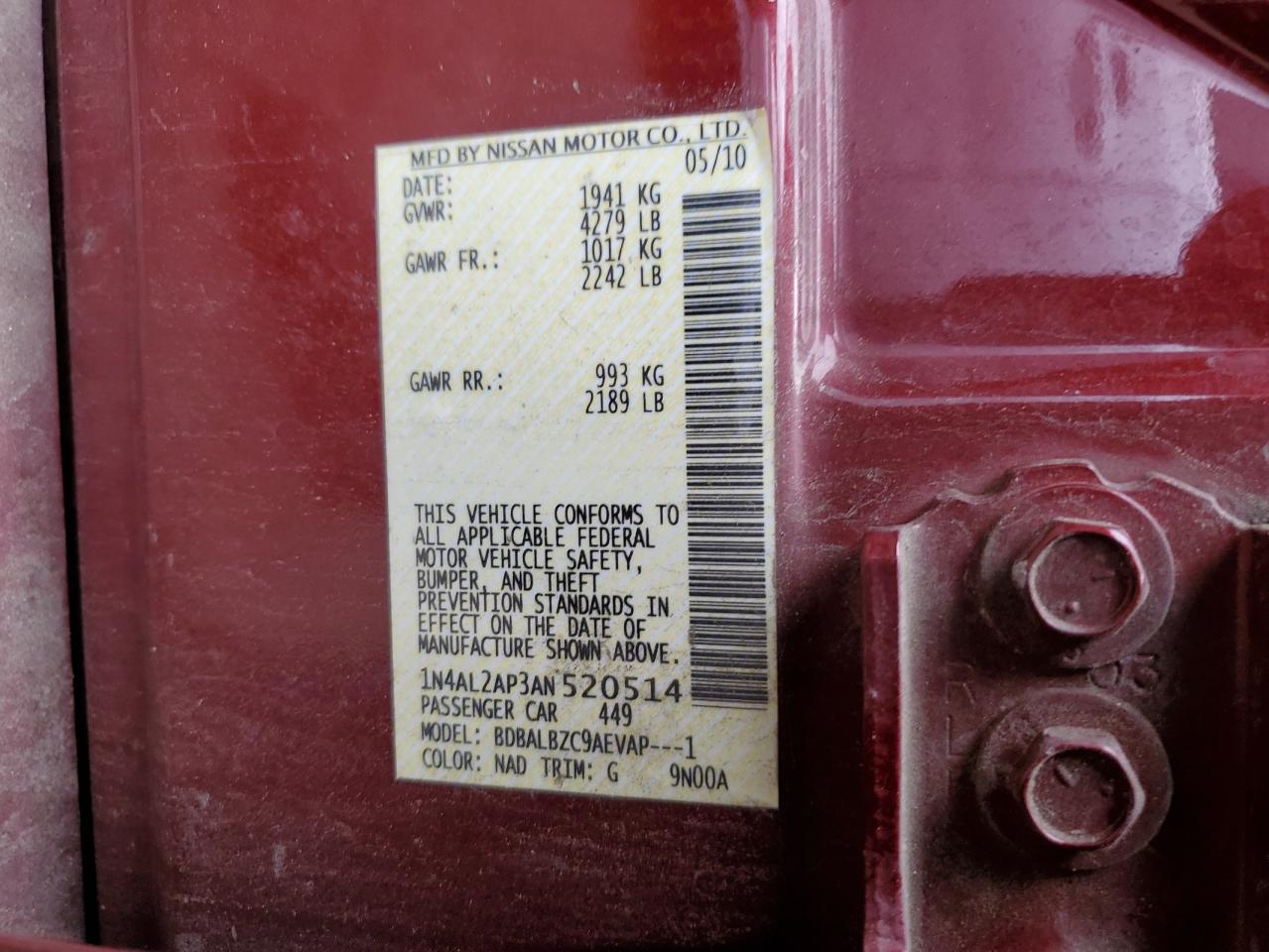2010 Nissan Altima Base VIN: 1N4AL2AP3AN520514 Lot: 64352095