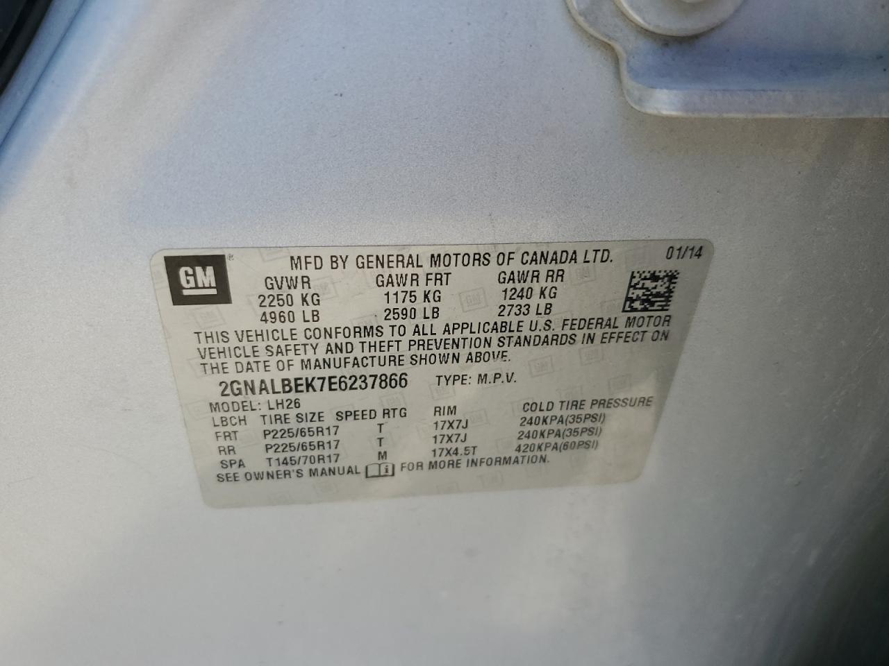 2014 Chevrolet Equinox Lt VIN: 2GNALBEK7E6237866 Lot: 64490365
