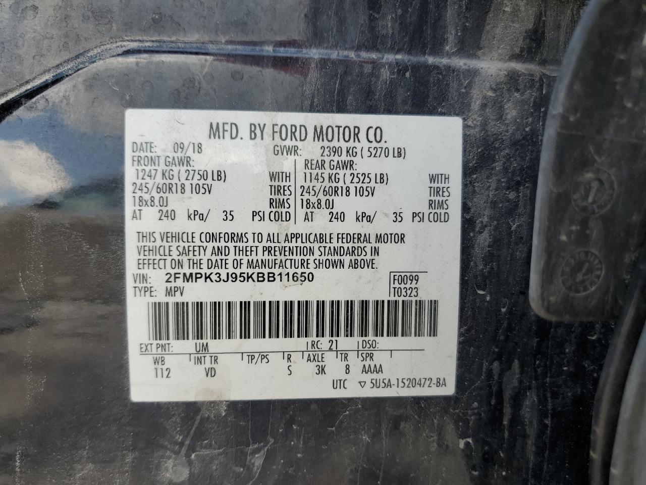 2019 Ford Edge Sel VIN: 2FMPK3J95KBB11650 Lot: 63311345