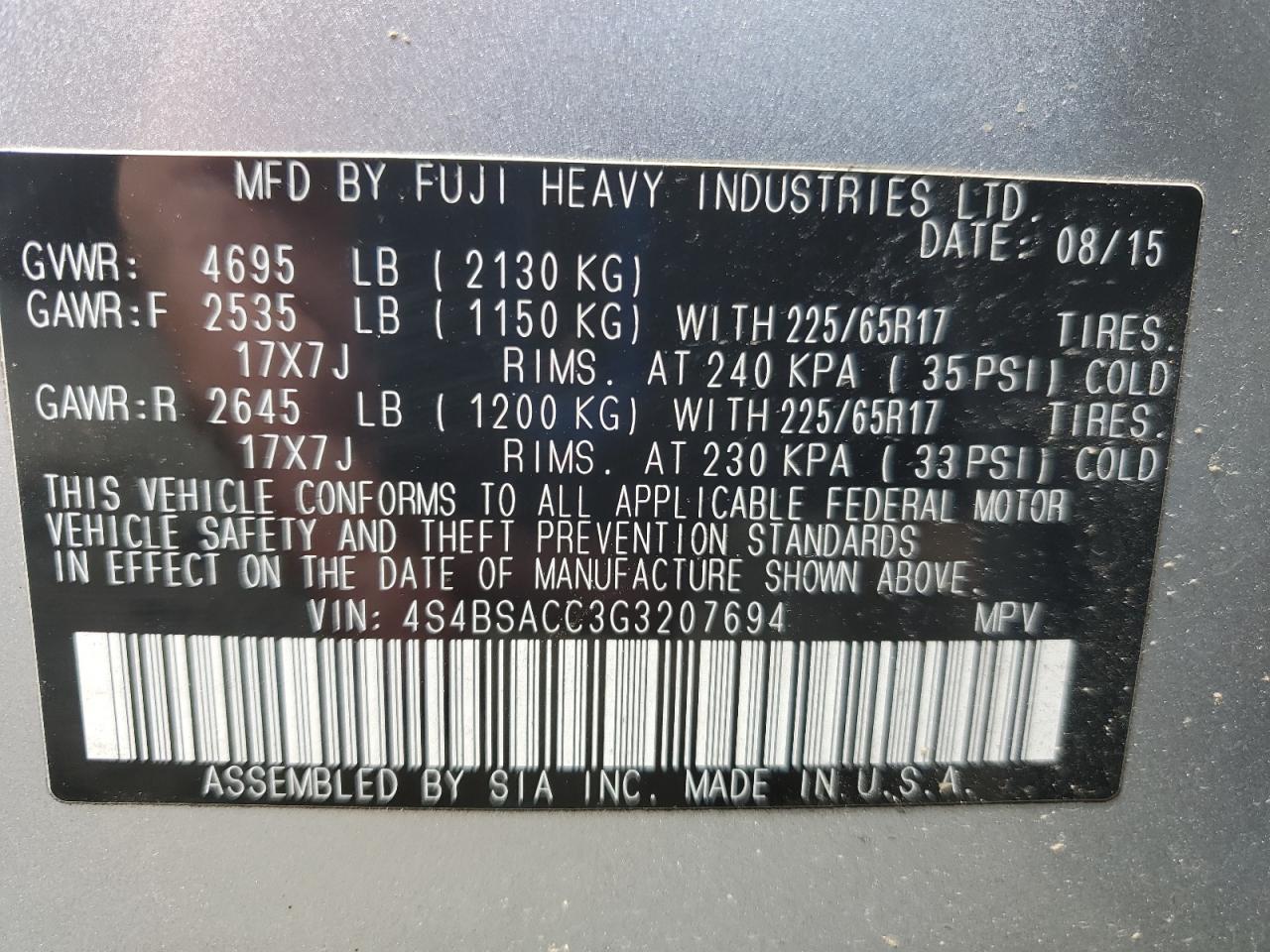 2016 Subaru Outback 2.5I Premium VIN: 4S4BSACC3G3207694 Lot: 62753575