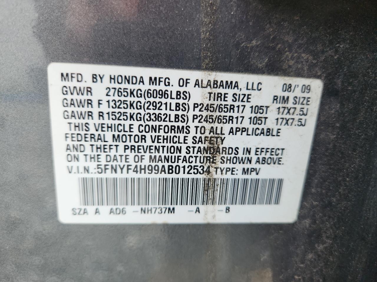 2010 Honda Pilot Touring VIN: 5FNYF4H99AB012534 Lot: 62810345