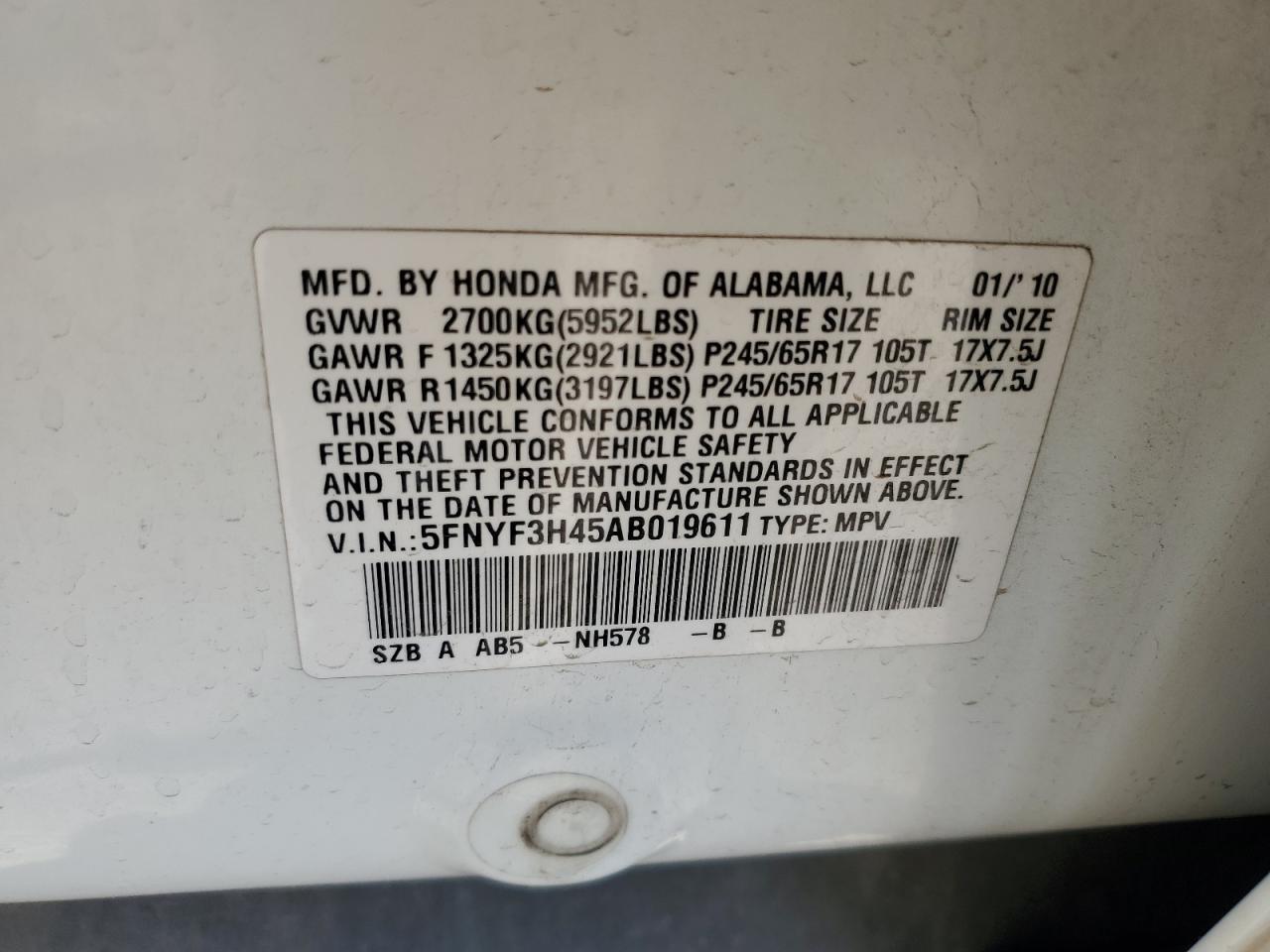 2010 Honda Pilot Ex VIN: 5FNYF3H45AB019611 Lot: 64311855