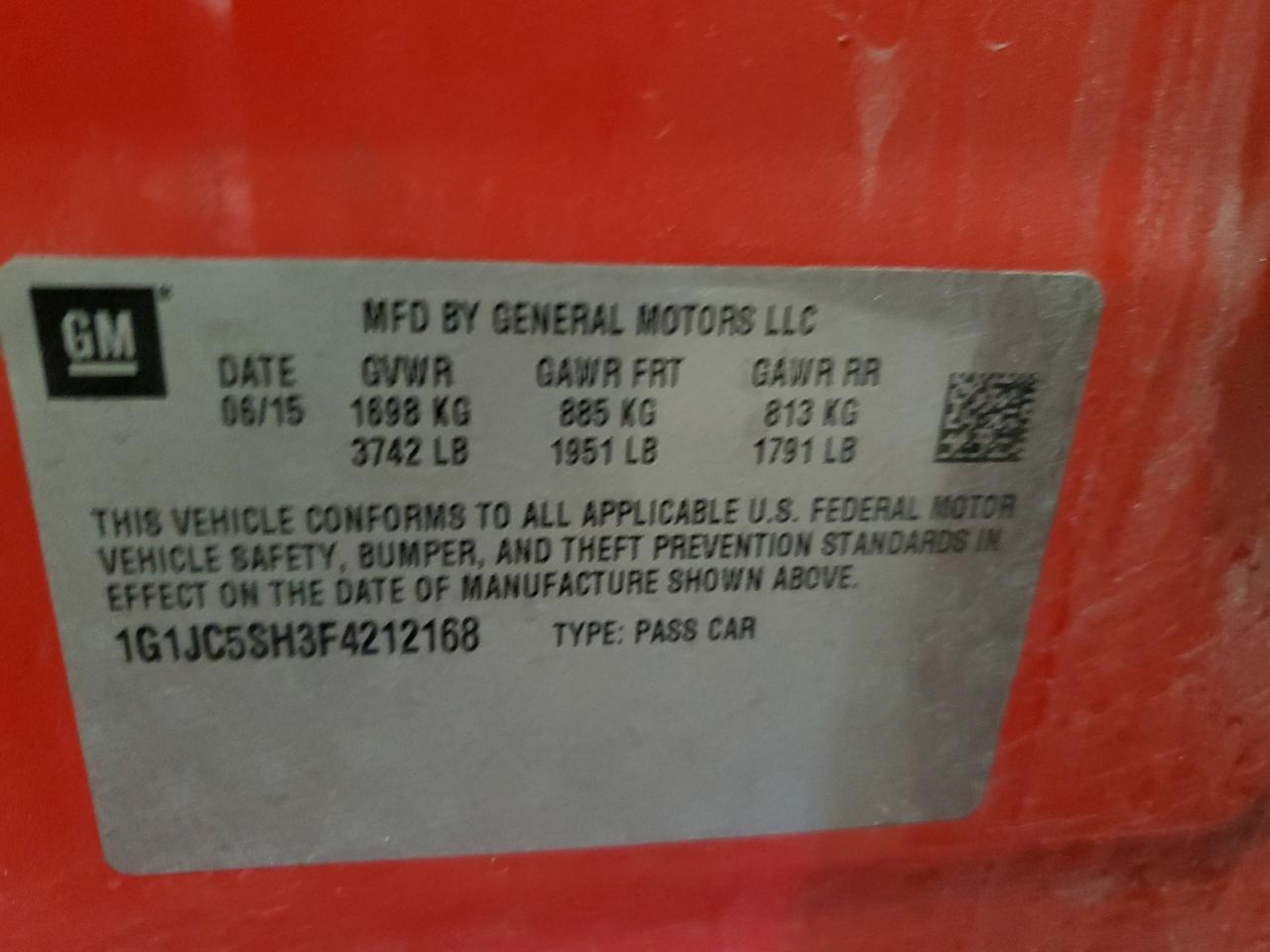 2015 Chevrolet Sonic Lt VIN: 1G1JC5SH3F4212168 Lot: 64121895
