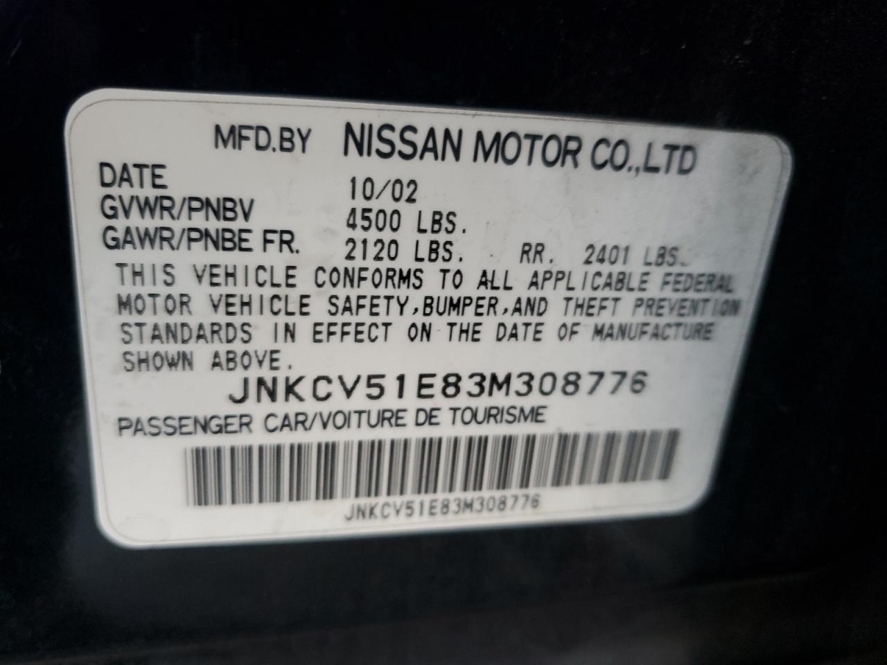 2003 Infiniti G35 VIN: JNKCV51E83M308776 Lot: 64338405