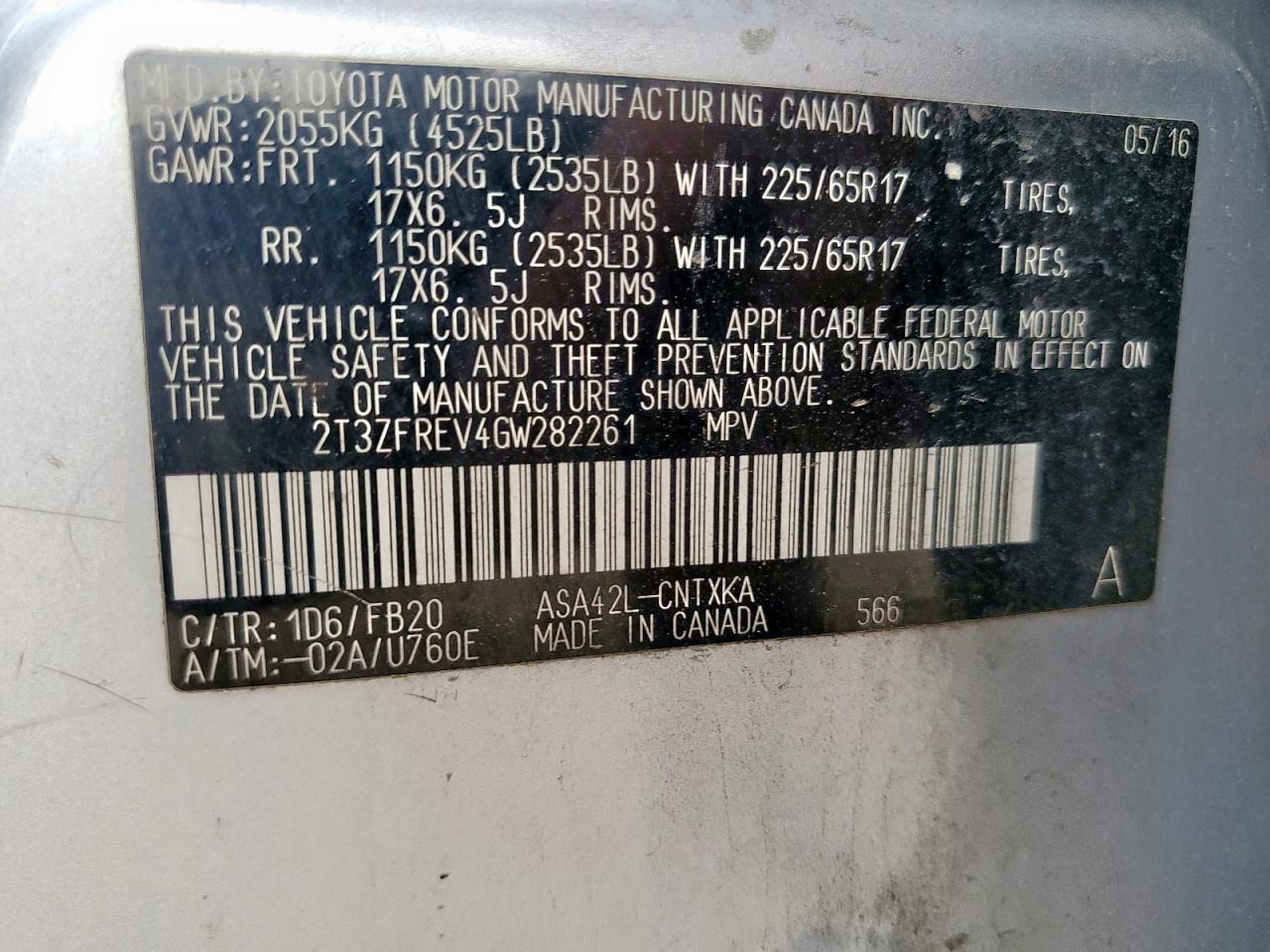 2016 Toyota Rav4 Le VIN: 2T3ZFREV4GW282261 Lot: 65467075
