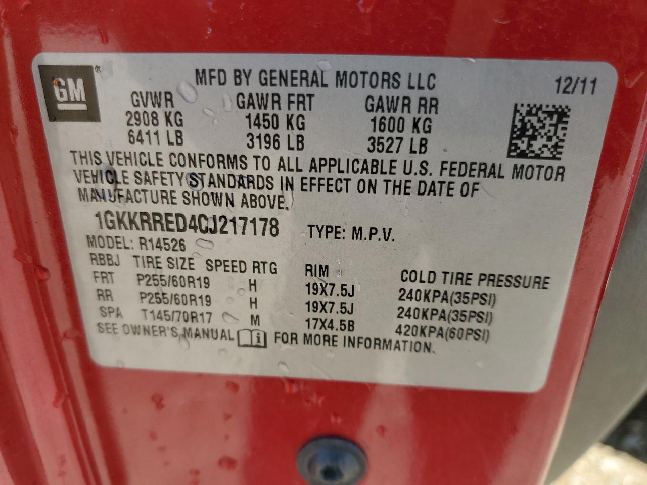 2012 GMC Acadia Slt-1 VIN: 1GKKRRED4CJ217178 Lot: 66325465