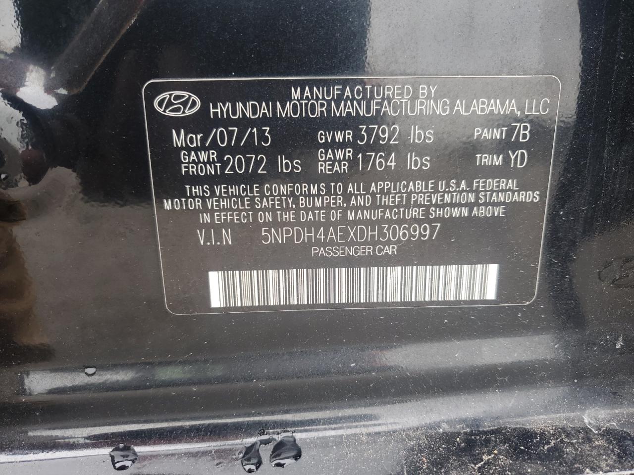 2013 Hyundai Elantra Gls VIN: 5NPDH4AEXDH306997 Lot: 63436235