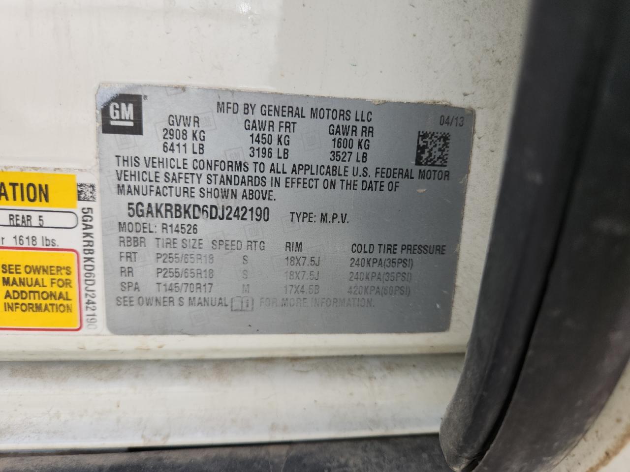 2013 Buick Enclave VIN: 5GAKRBKD6DJ242190 Lot: 63411395