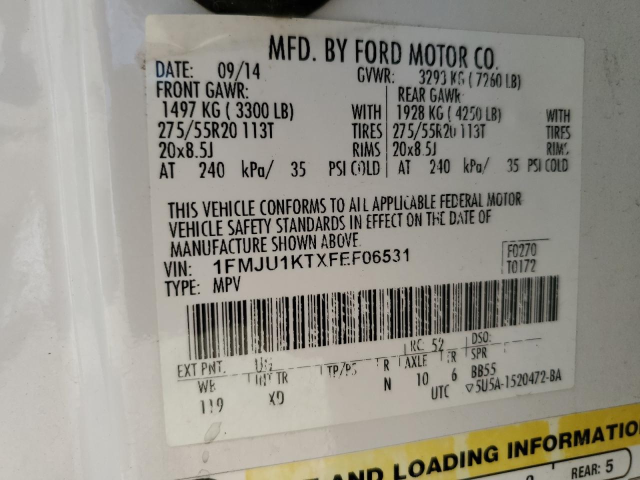 2015 Ford Expedition Limited VIN: 1FMJU1KTXFEF06531 Lot: 62412825