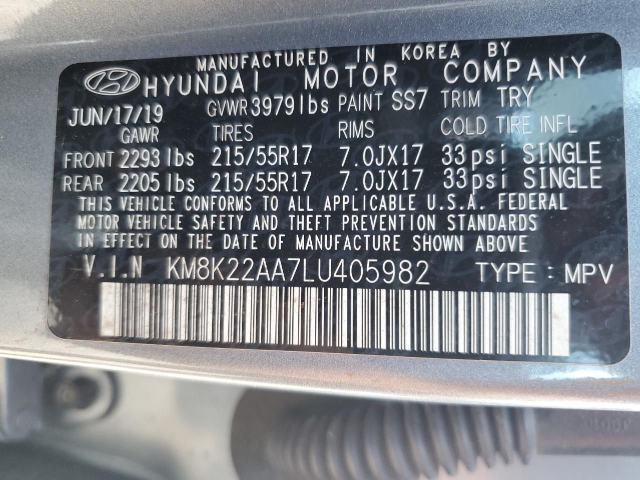 2020 Hyundai Kona Sel VIN: KM8K22AA7LU405982 Lot: 64245415
