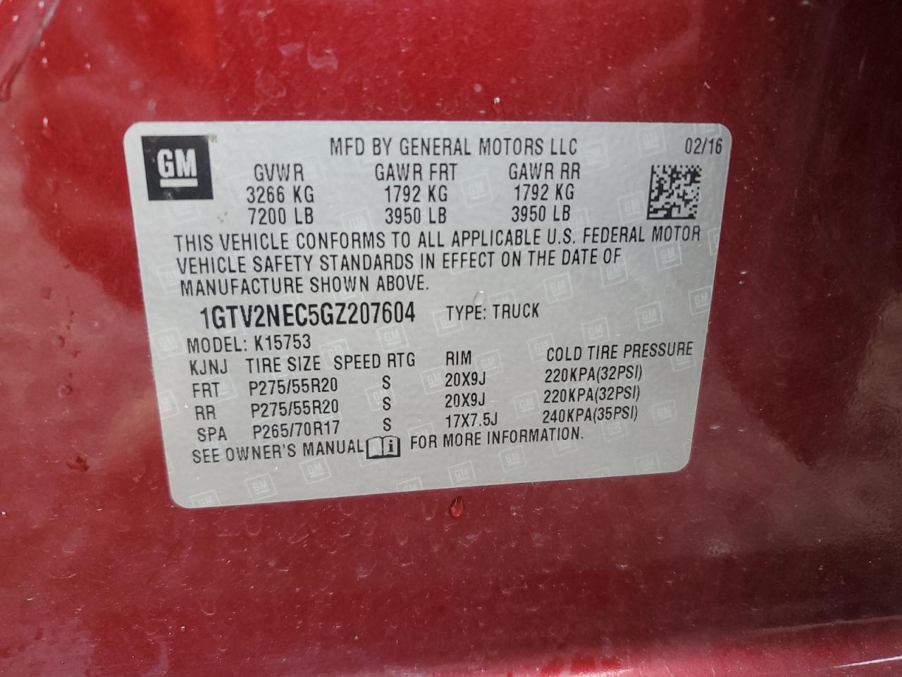 2016 GMC Sierra K1500 Slt VIN: 1GTV2NEC5GZ207604 Lot: 62514355