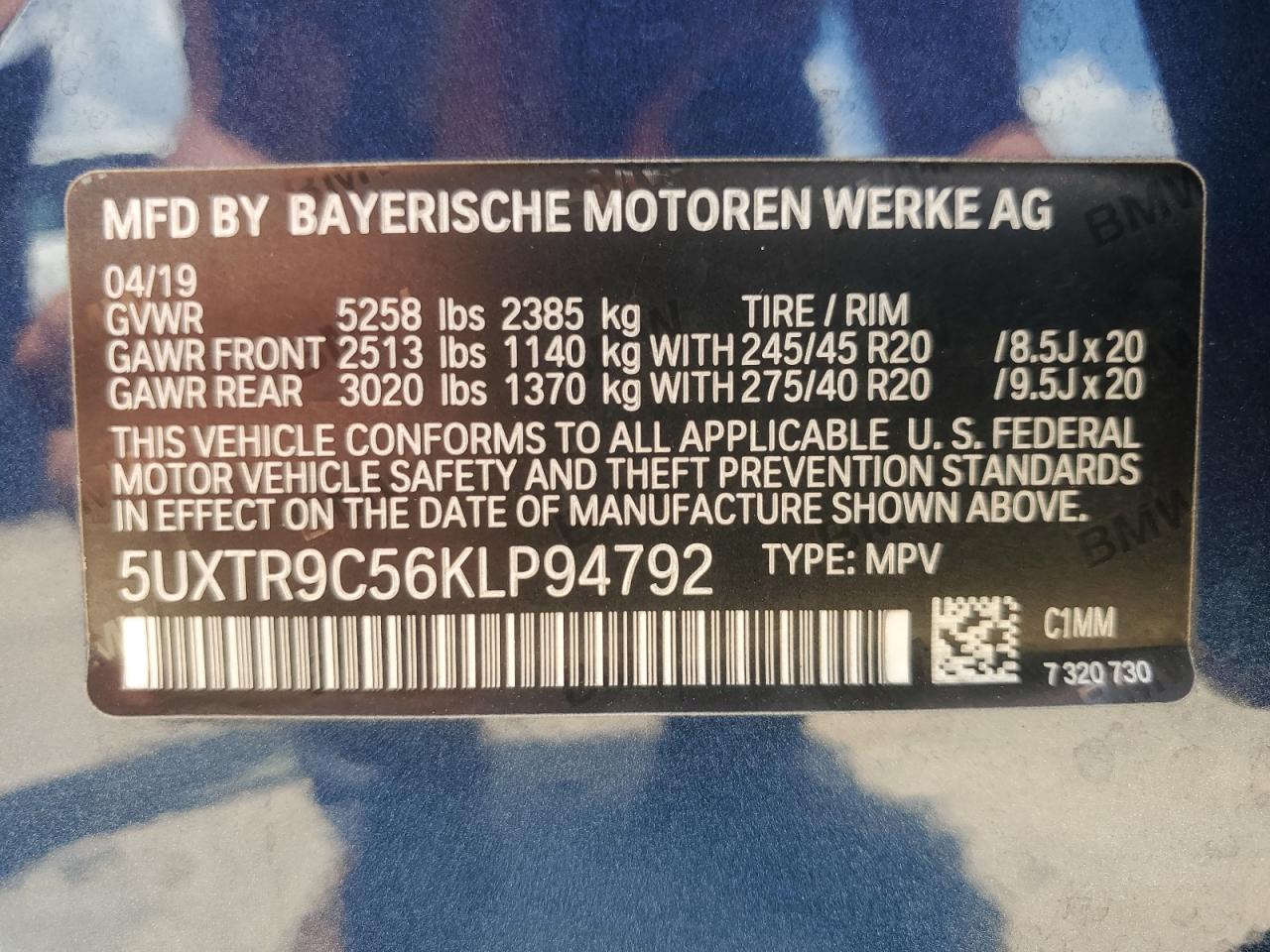 2019 BMW X3 xDrive30I VIN: 5UXTR9C56KLP94792 Lot: 65131455