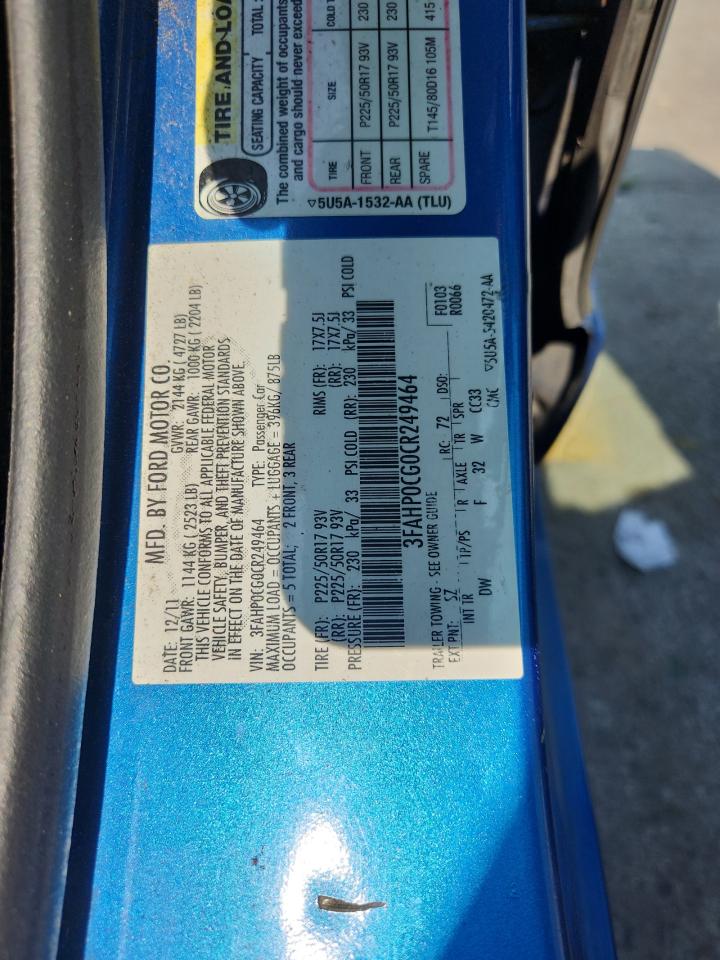 2012 Ford Fusion Sel VIN: 3FAHP0CG0CR249464 Lot: 64385635