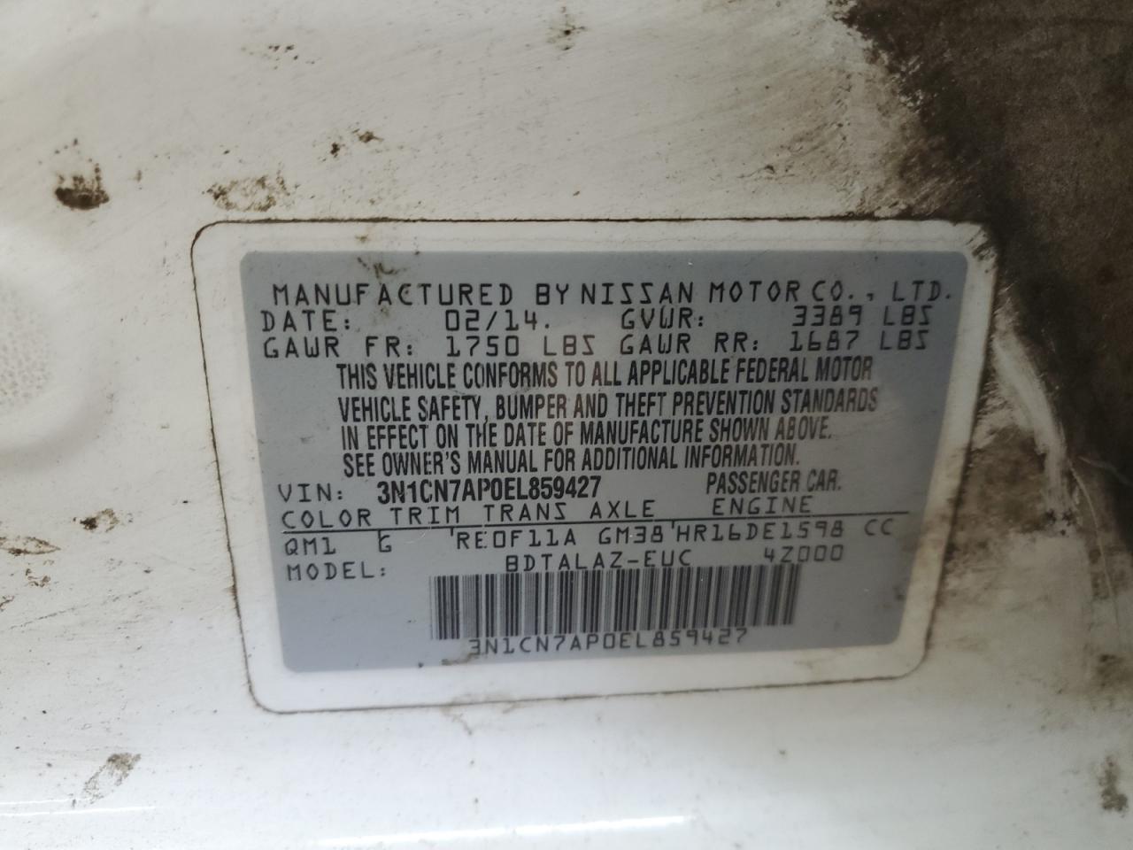 2014 Nissan Versa S VIN: 3N1CN7AP0EL859427 Lot: 65051265
