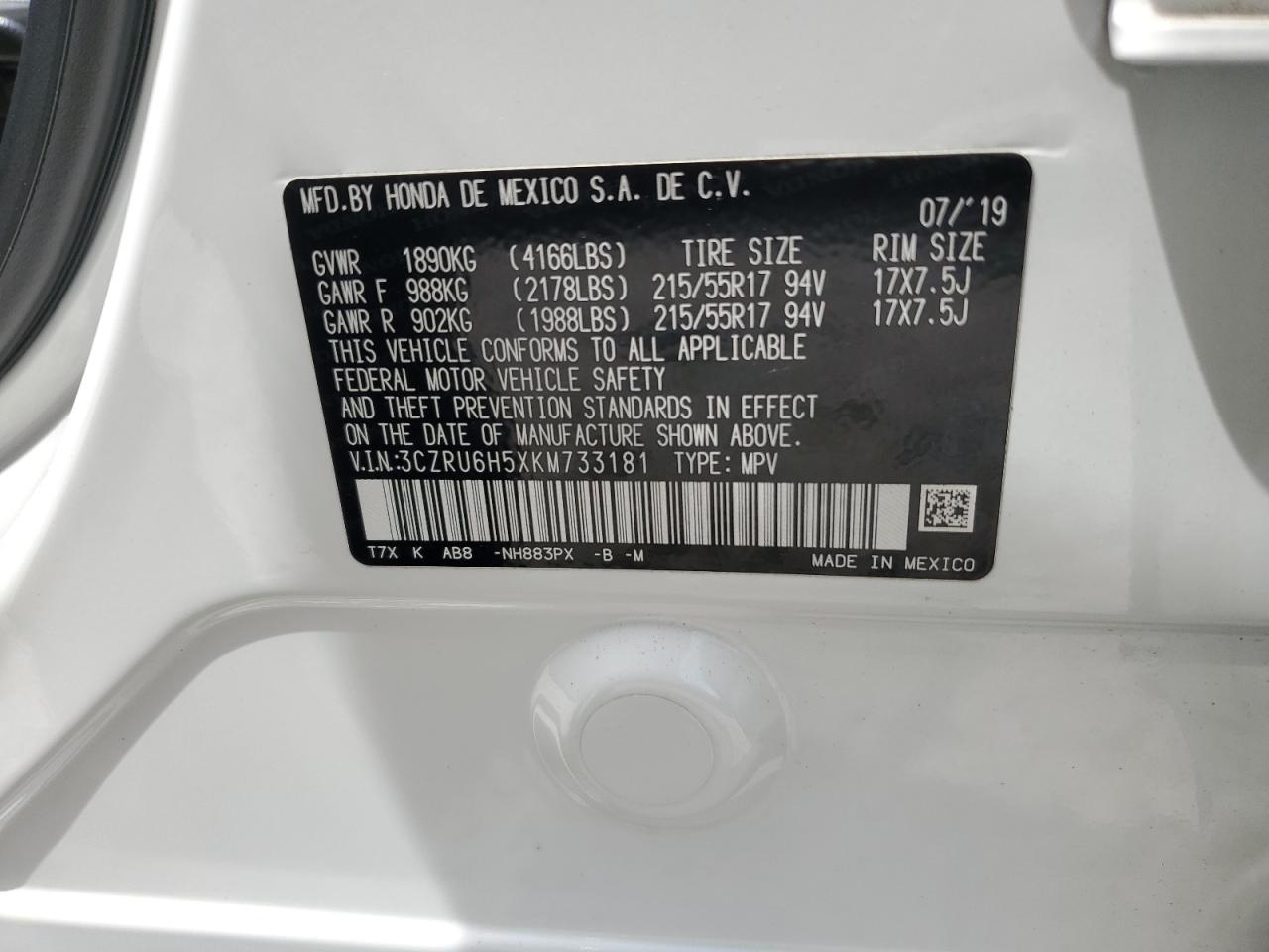 2019 Honda Hr-V Ex VIN: 3CZRU6H5XKM733181 Lot: 65207785