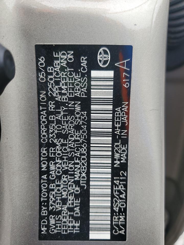2006 Toyota Prius VIN: JTDKB20U867504734 Lot: 60026415