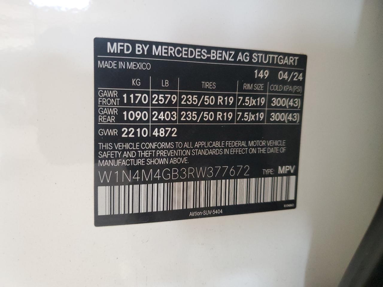 2024 Mercedes-Benz Glb 250 VIN: W1N4M4GB3RW377672 Lot: 63044645