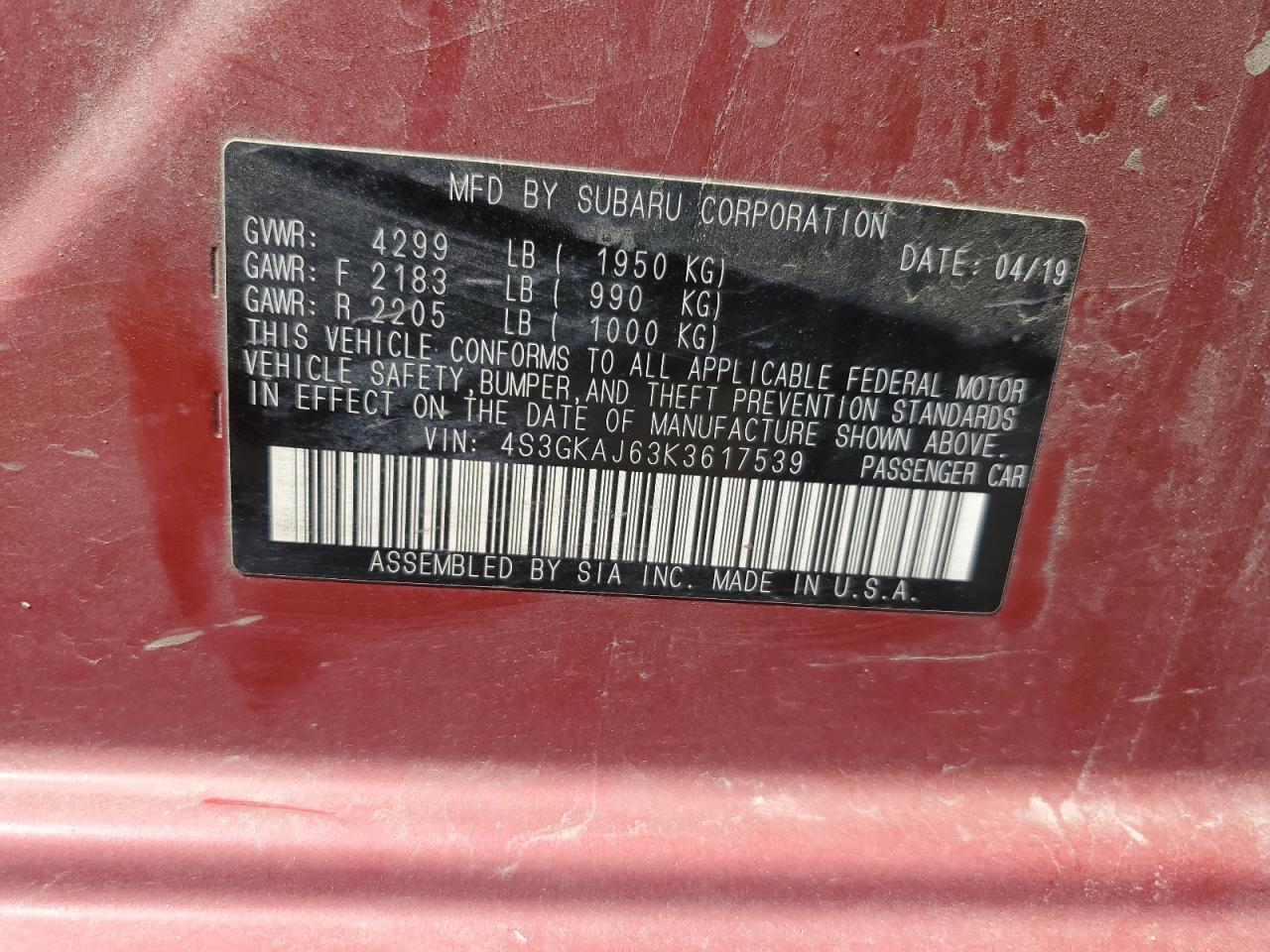 2019 Subaru Impreza Sport VIN: 4S3GKAJ63K3617539 Lot: 63858895