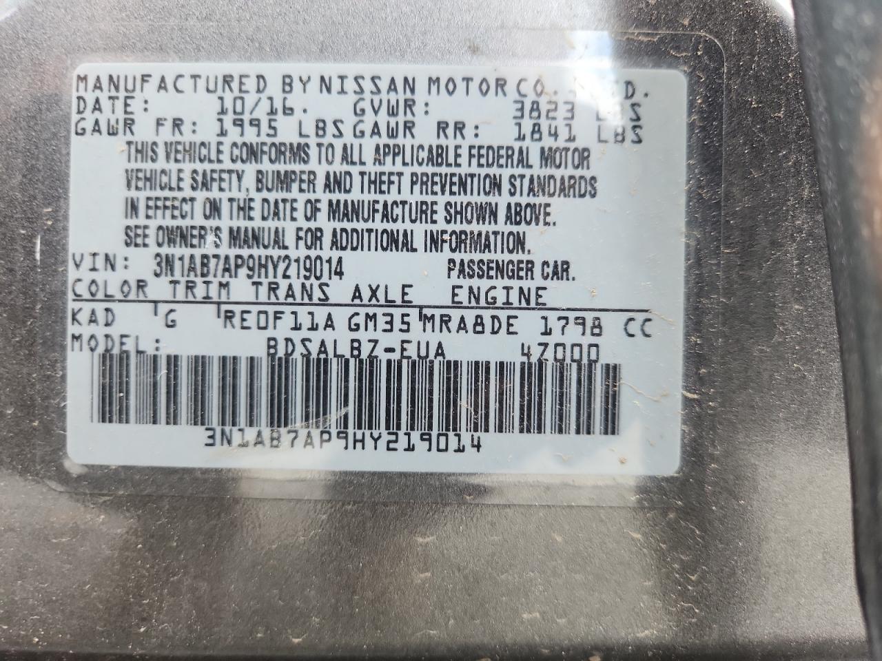 2017 Nissan Sentra S VIN: 3N1AB7AP9HY219014 Lot: 63633405