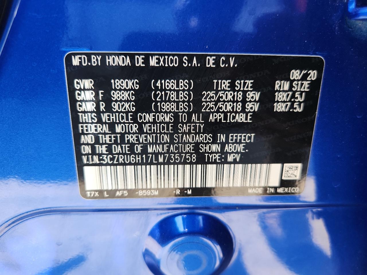2020 Honda Hr-V Sport VIN: 3CZRU6H17LM735758 Lot: 65187795