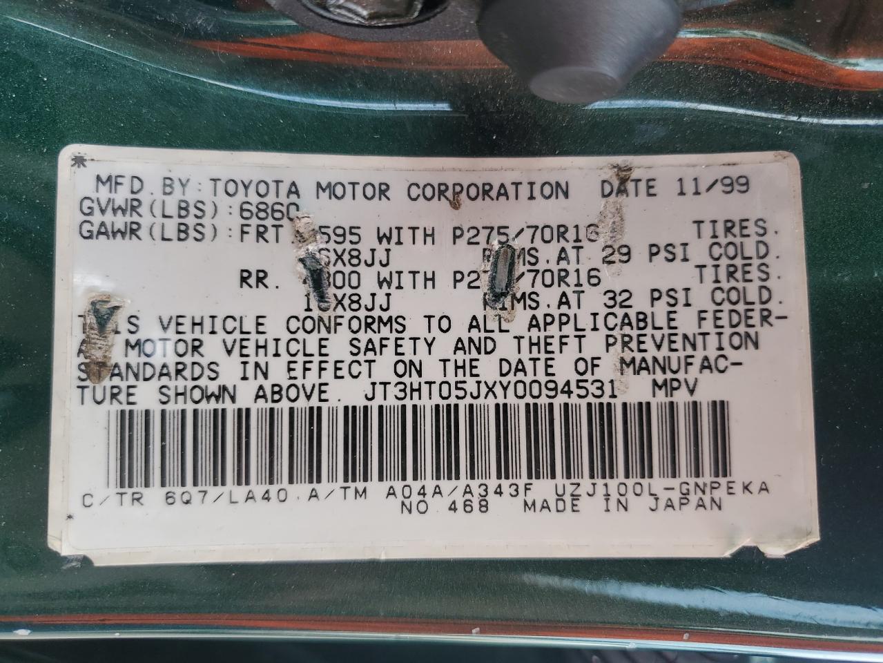 2000 Toyota Land Cruiser VIN: JT3HT05JXY0094531 Lot: 64413895