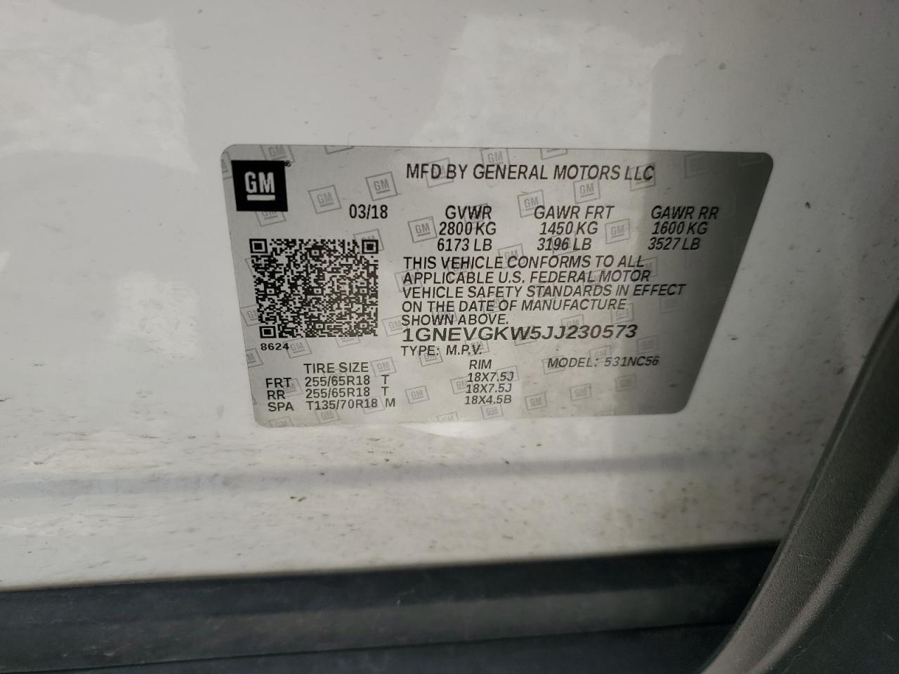 2018 Chevrolet Traverse Lt VIN: 1GNEVGKW5JJ230573 Lot: 64139095