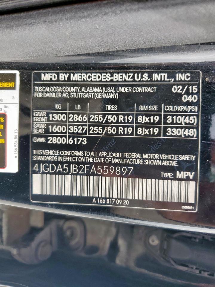 2015 Mercedes-Benz Ml 350 VIN: 4JGDA5JB2FA559897 Lot: 63756055