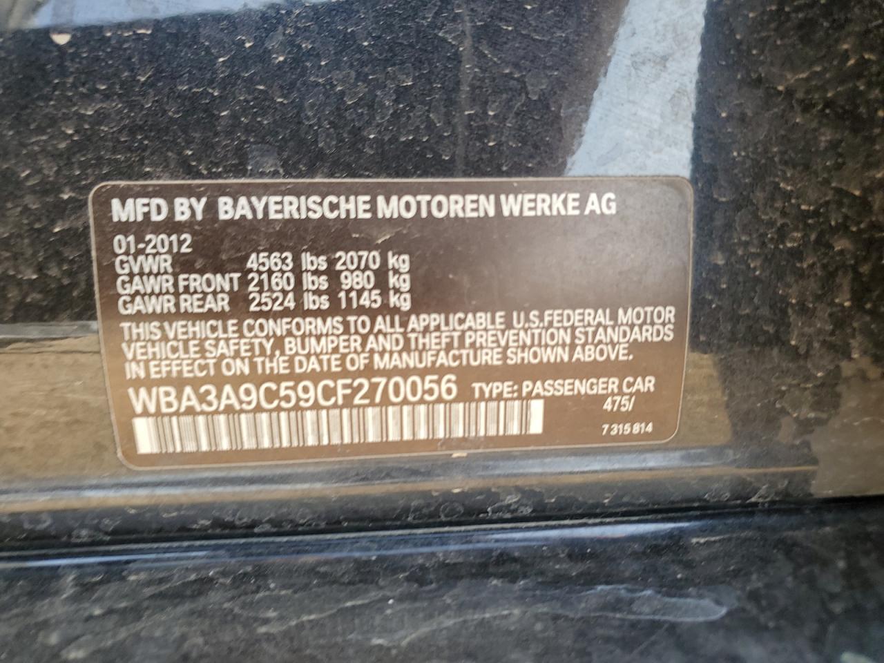 2012 BMW 335 I VIN: WBA3A9C59CF270056 Lot: 65766415