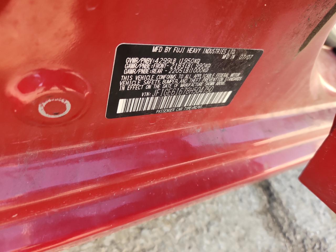 2008 Subaru Impreza 2.5I VIN: JF1GE61678H504750 Lot: 64749885