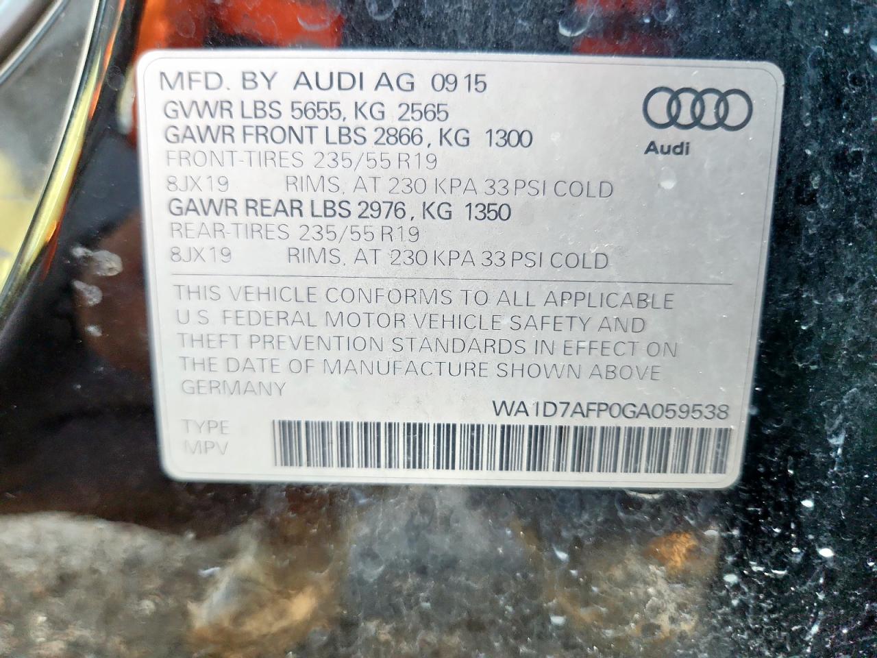 2016 Audi Q5 Premium Plus S-Line VIN: WA1D7AFP0GA059538 Lot: 64493715