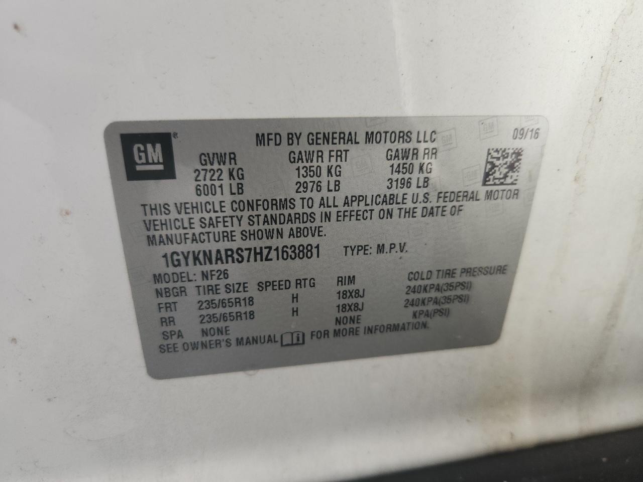 2017 Cadillac Xt5 VIN: 1GYKNARS7HZ163881 Lot: 65436915