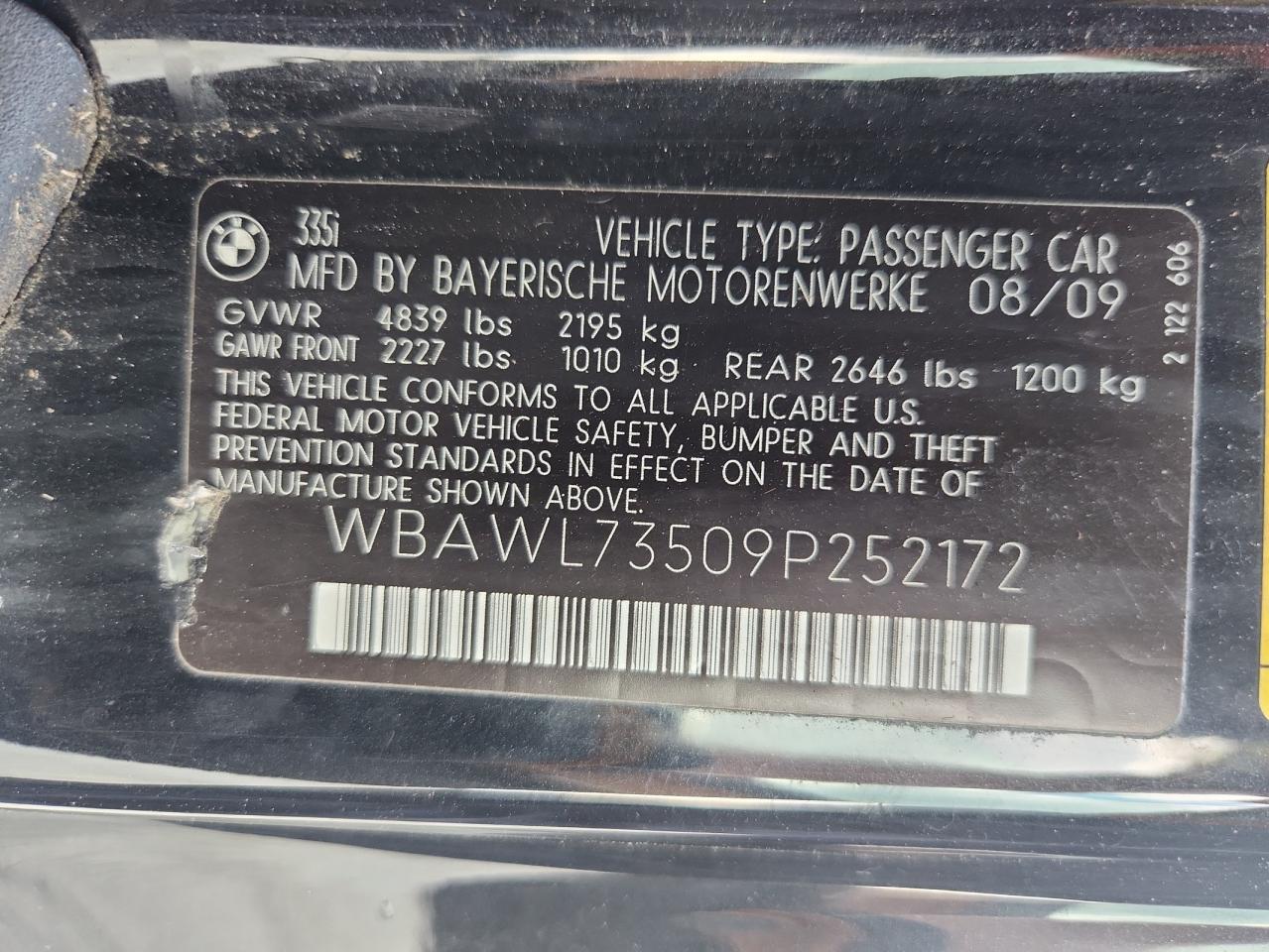 2009 BMW 335 I VIN: WBAWL73509P252172 Lot: 64359315