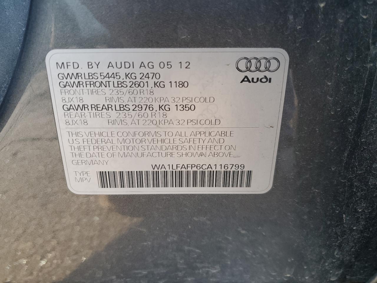2012 Audi Q5 Premium Plus VIN: WA1LFAFP6CA116799 Lot: 67061485