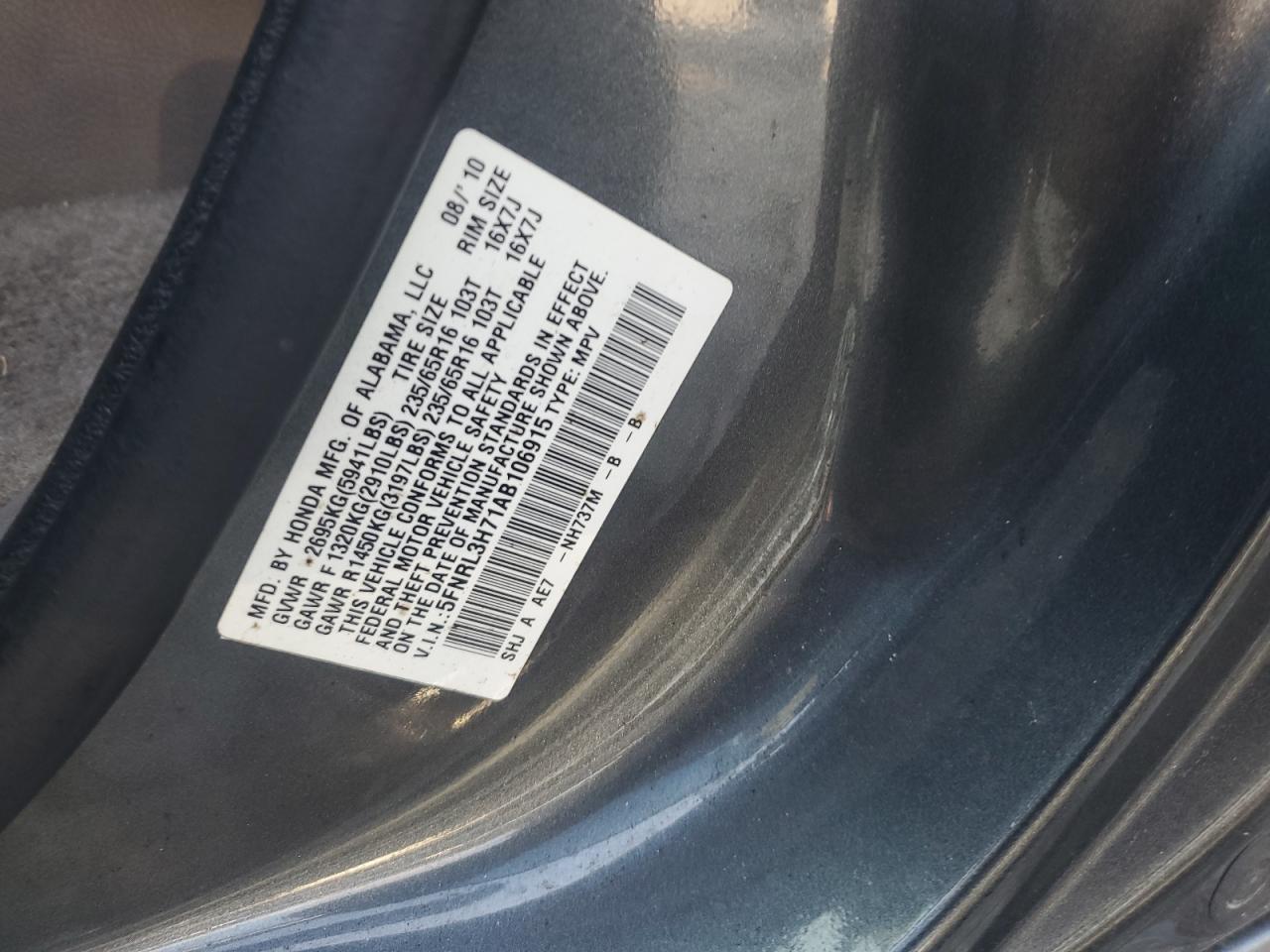 2010 Honda Odyssey Exl VIN: 5FNRL3H71AB106915 Lot: 64417765